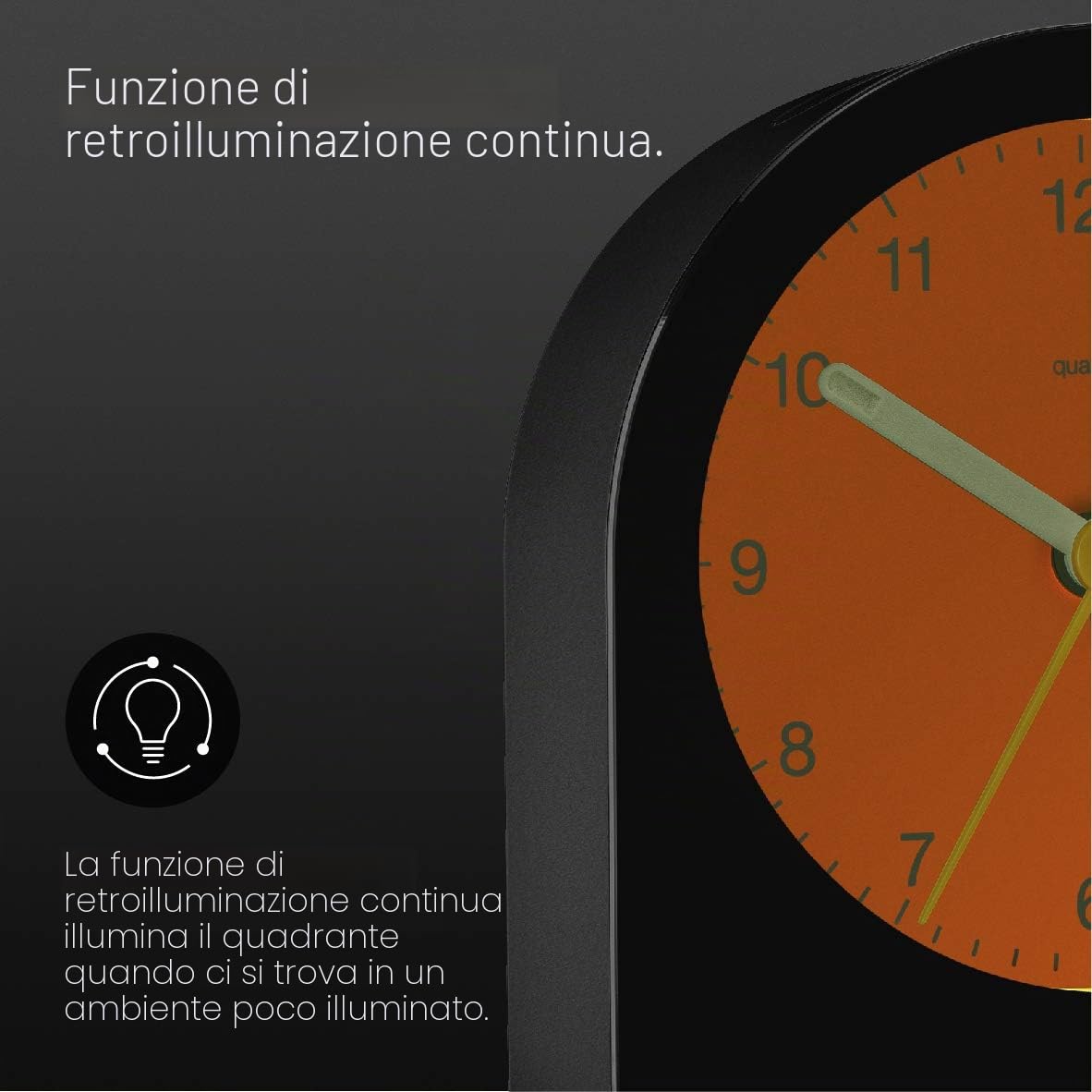 Braun Classic Analogue Alarm Clock with Snooze and Continuous Backlight, Quiet Quartz Movement, Crescendo Beep Alarm in Black, model BC22B.