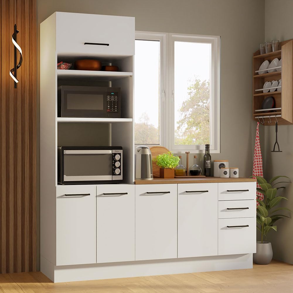 Madesa Hazel 2-Piece Kitchen Storage Set with 3 Door Pantry Cabinet and 3 Drawers Base Cabinet Adjustable Feet 74 Inch Wooden Modern Organization Units - White
