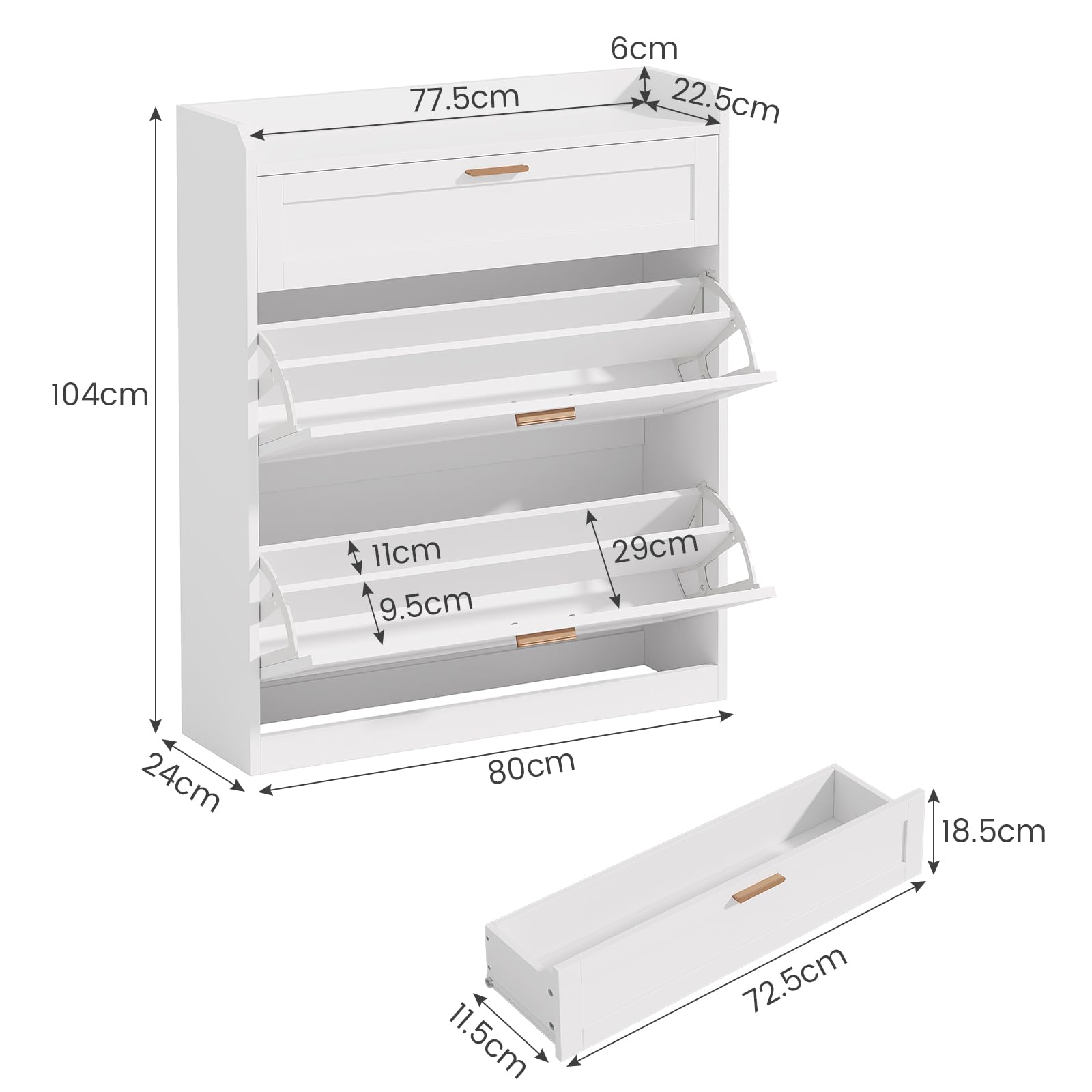 KIMENICH Scarpiera con 2 Scomparti a Ribalta, Scarpieras con 1 Cassetti, Scarpiera Salvaspazio, Divisorio Regolabile, per 12-16 Paia di Scarpe, Corridoio, Ingresso, 24 x 80 x 104 cm, Bianco