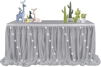 Silver Grey Tulle Table Skirt, 14FT Tutu Table Cloth Skirting with LED Lightfor Rectangle or Round Table Wedding Decorations, Chanel Party, Graduation, Elephant Baby Shower