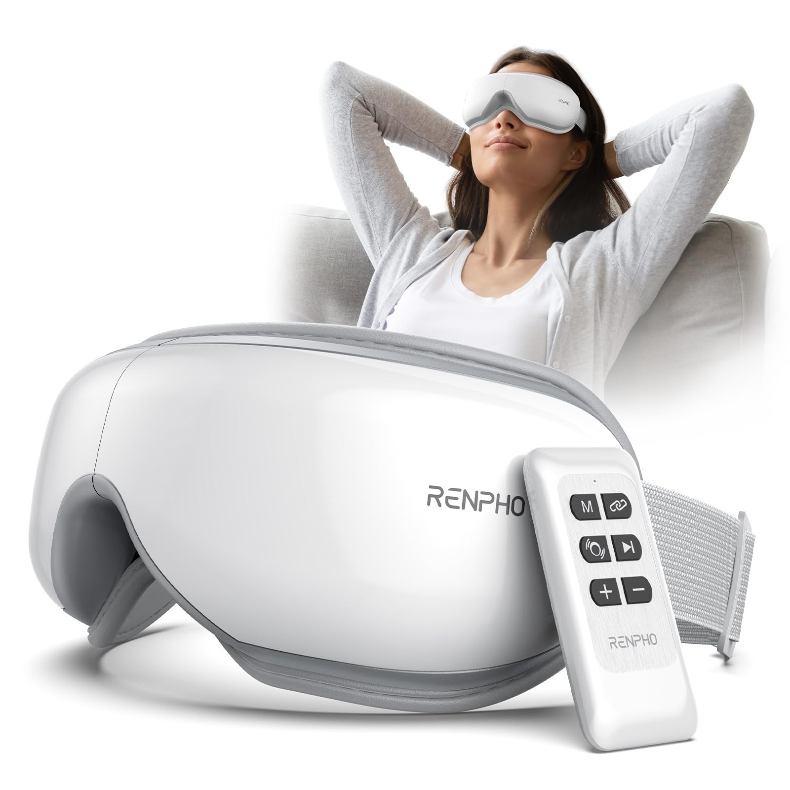 RENPHO Eyeris 1-Electric Eye Massager, Heat & Vibration, Compression Bluetooth Music, Rechargeable, for Strain/Stress/Dark Circles/Dry Eyes, Improve Sleep,Remote Control(Battery Not Included),White