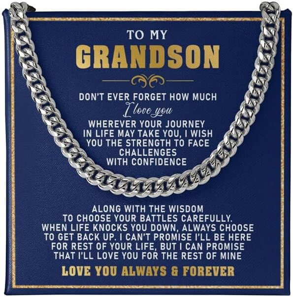 VIRAGIL To My Grandson Necklace - Cuban Link Chain with Message Card and Gift Box