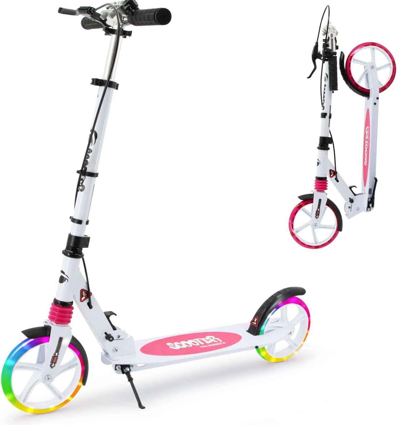 LED Light Up Large Wheels Scooter for Kids Ages 6-12 and Adults with Handbrake, Kick Scooters for Teens 12 Years and Up with Carry Strap and Bell, Easy Fold, Height Adjustable