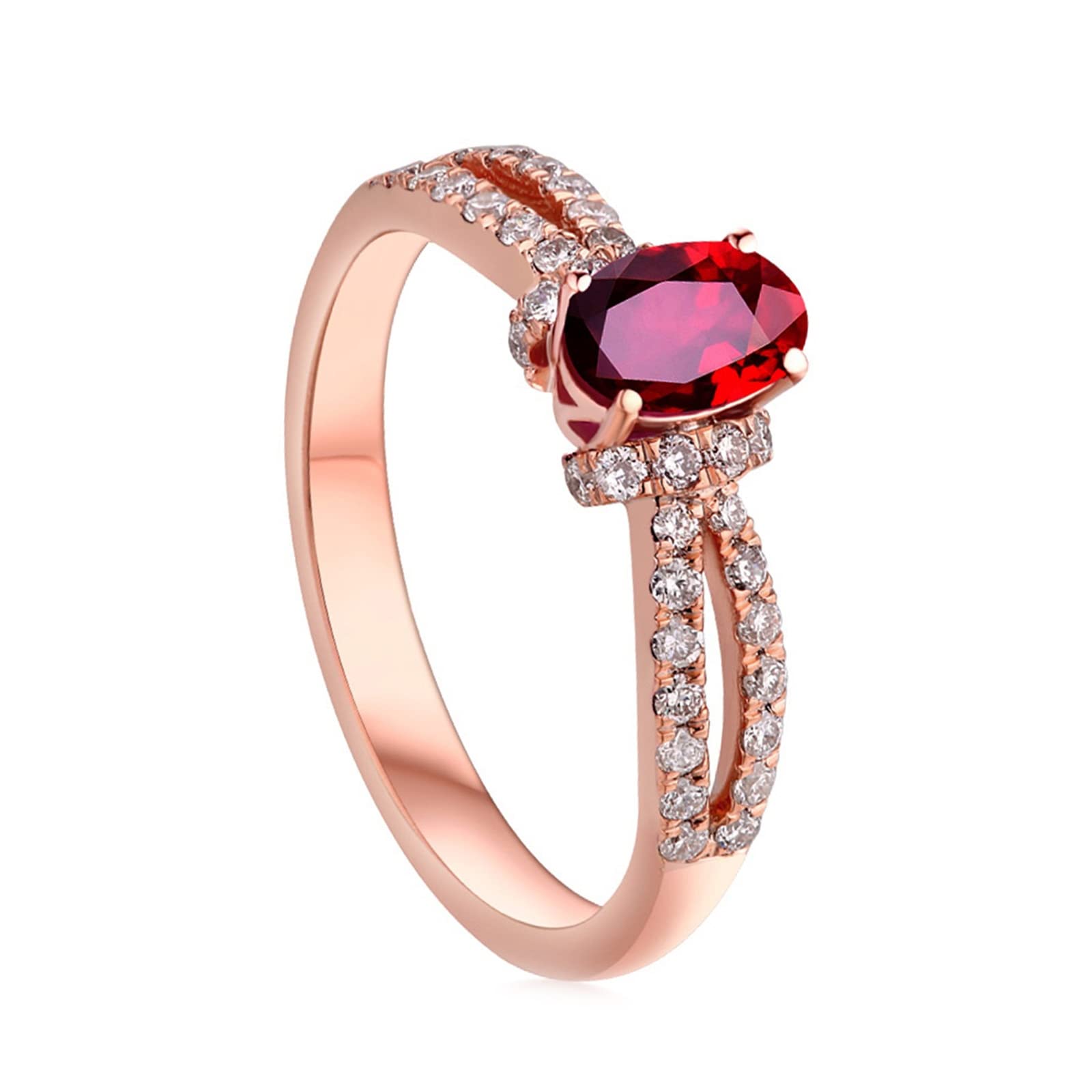 Anillo de mujer vintage, anillos de mujer de oro rosa de 18 quilates de 0,57 ct con diamante y rubí redondos de dos hilos rojos, ovalado, alianzas de compromiso para mujer