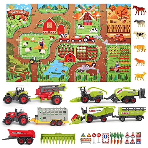Oriate Farm Tractor Set 34 Piece Die-Cast Vehicle Value Playset, Large Size 4.8" Tractor Toy For Kid's Birthday Gift, Including A Farm Room Mat With Farm Animal, Children's Birthday Gifts Toy #TOP1