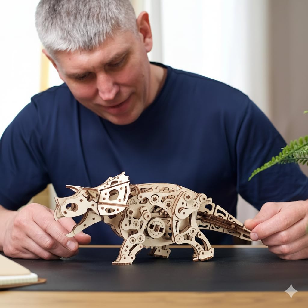 Ugears Triceratops, 3D Puzzle, 5.6-inch Height, Brown