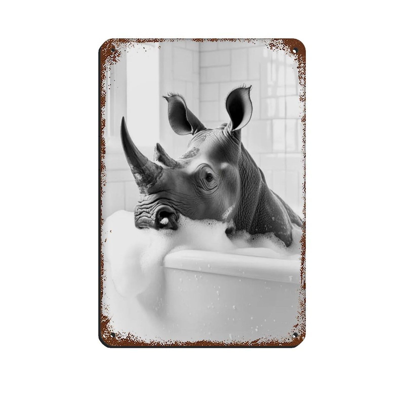 Rhino in The Bathtub, Funny Bathroom Art Tin Sign Vintage Metal Pub Club Cafe Bar Home Wall Art Decoration Poster Retro 8x12inch(20x30cm)