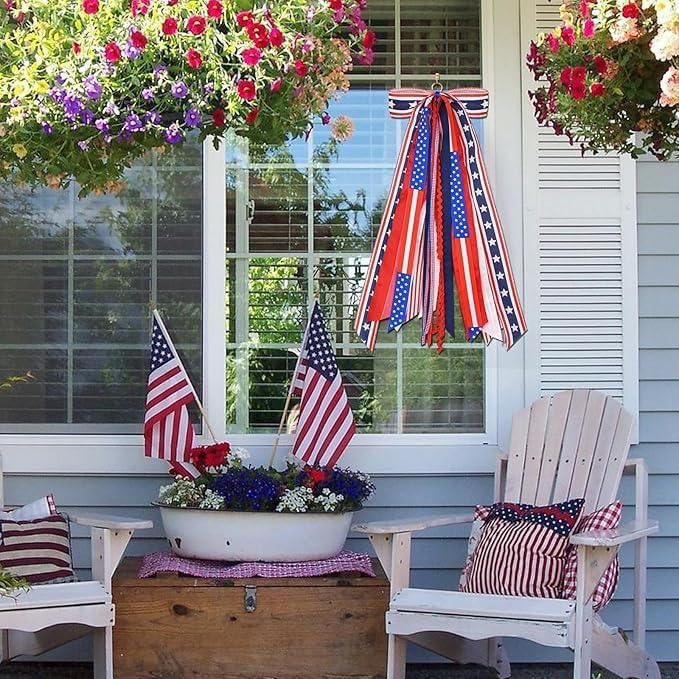 Independence Day American Flag Iron Wire Edge Cording Ribbon red Blue White Burlap Bow Decoration