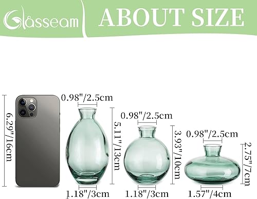 Miniatura 3 de Jarrón de cristal para centros de mesa 12 piezas Glasseam Green Mini Jarrones pequeños para flores a granel, juego de jarrones estéticos lindos