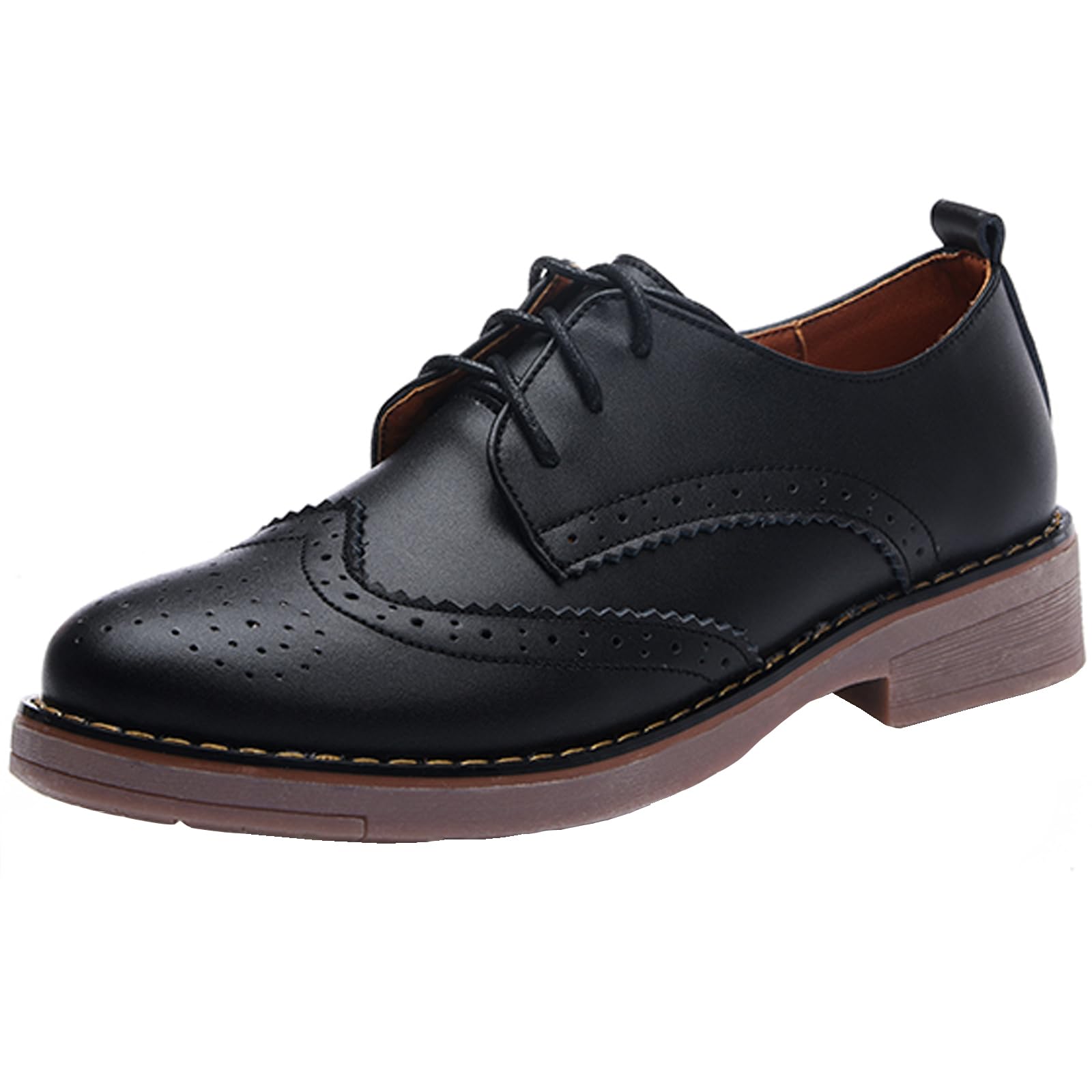 WUIWUIYU Womens Girls Brogue Oxford Shoes Vintage Lace-up Low Heel Platform Smart Casual Work School Oxfords