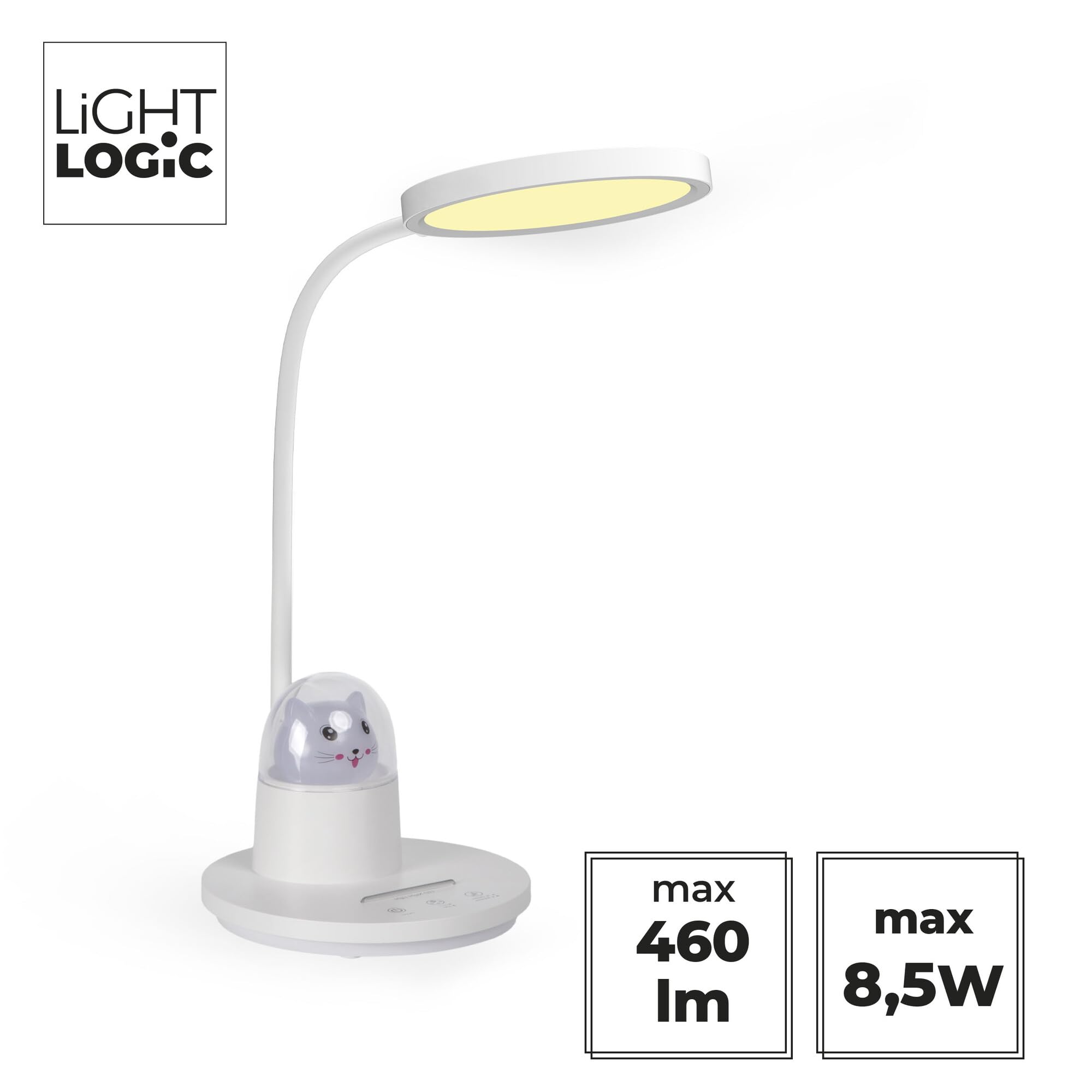 Schreibtischlampe Kinder LED für Mädchen mit Nachtlicht - Katzenmotiv, Dimmbare Tischlampe, 3 Lichtfarben, Rotierbar