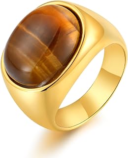 Men's Tiger Eye Square Signet Ring Stainless Steel Thumb Rings with Natural Stone for Men Jewelry Gift for Him, Size 7-12