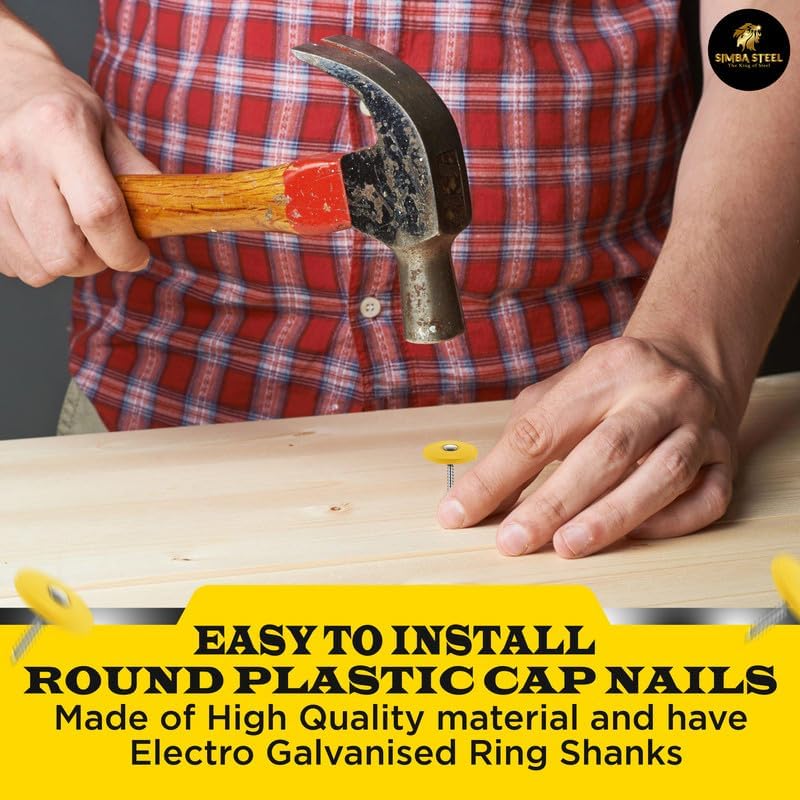 2,000 pcs of 1 inch x 12 gauge Plastic Cap Roofing Nails | GOLD Color | Diamond Point | Ring Shank | Electro Galvanised 2,000 per Tub.
