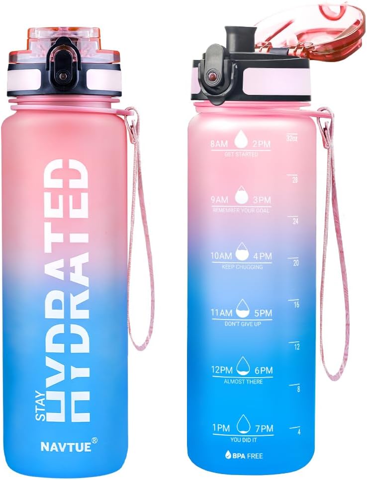 Water Bottle, 32oz Sports Water Bottles with Time Marker Wide Mouth, Motivational and Leakproof Drink Bottle, BPA Free Tritan with Carry Strap for Gym Fitness Outdoor (Direct Drink)