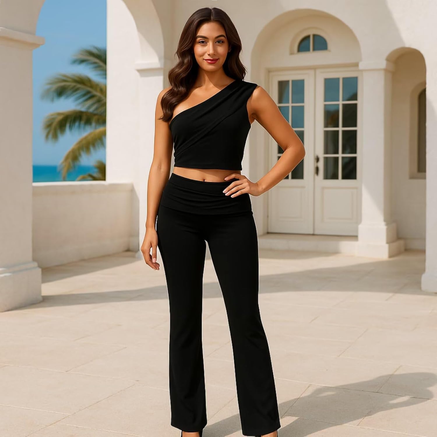WXN Two Piece Sets for Women Summer Casual One Shoulder Crop Top Foldover Pants Set - Image 3