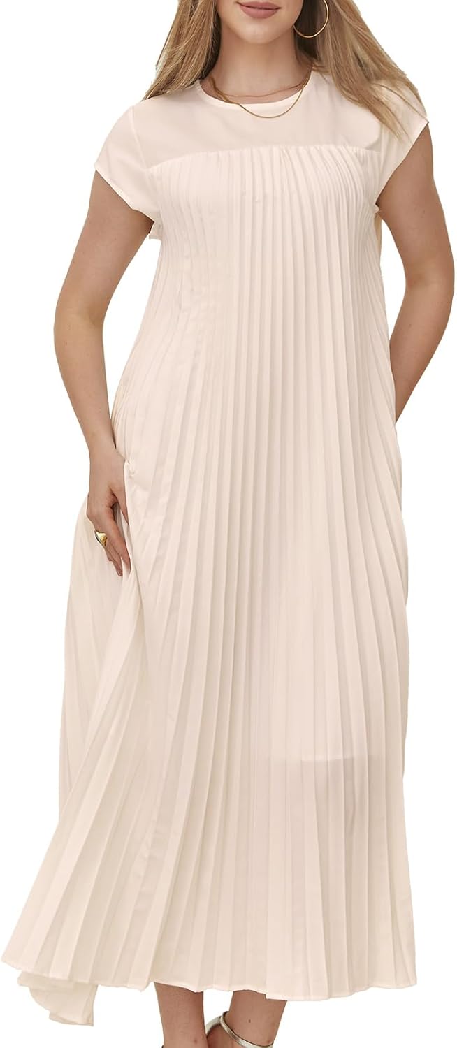 Women's Church Pleated Maxi Dress 2025 Summer Cap Sleeve Maternity Modest Flowy Dresses with Pockets