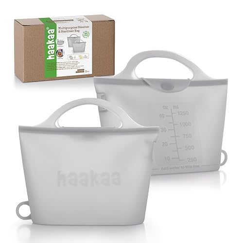 Haakaa Portátiles - Bolsas esterilizadoras de vapor de silicona para microondas, para viajes, bolsas de vapor reutilizables de silicona de Gris, 2