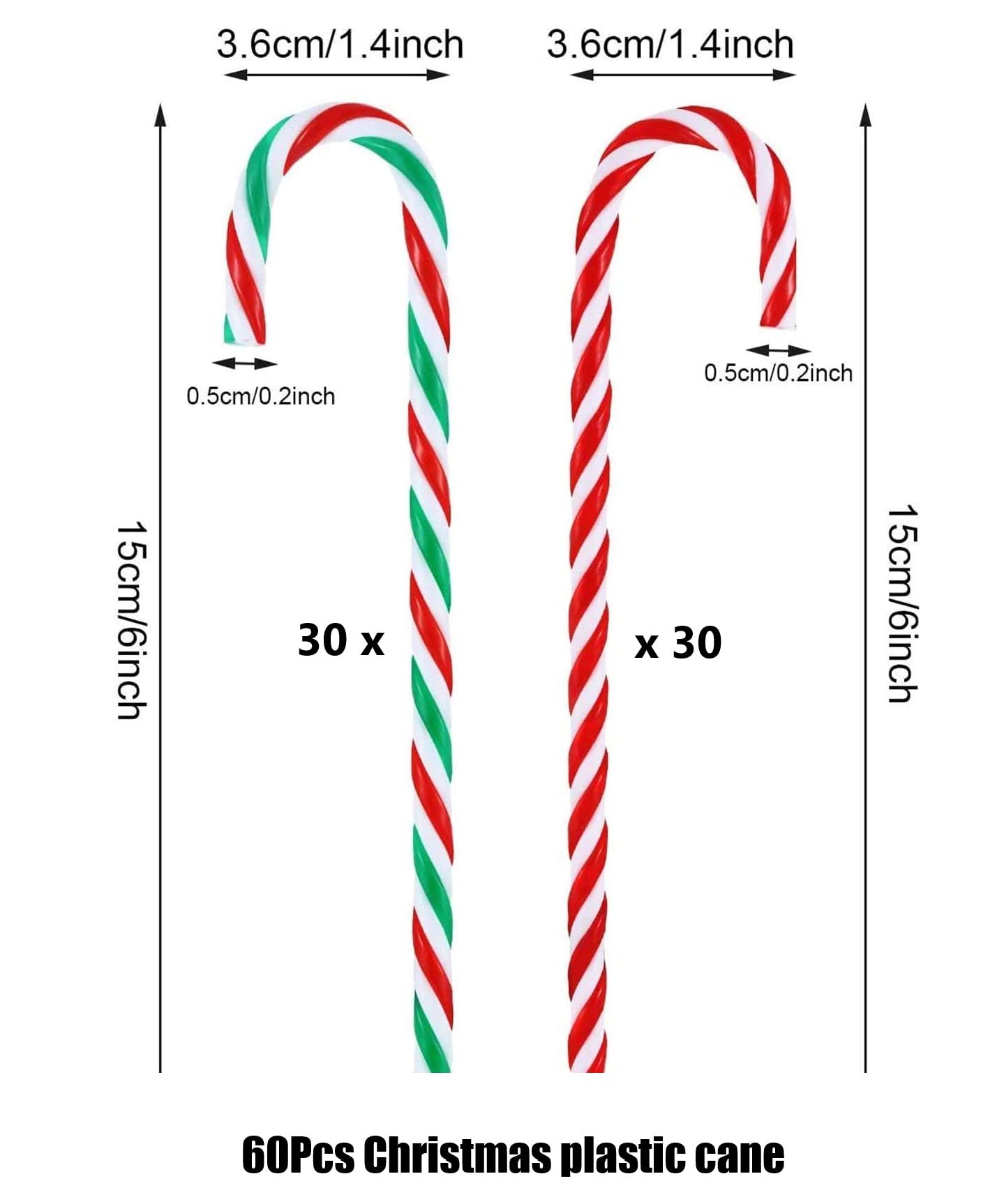 KAHEIGN 60 Pezzi Bastoncini di Zucchero di Natale, 15CM Bastoncino di Zucchero di Plastica Ornamenti D'attaccatura Dell'albero di Natale per Vacanza Natale Festa Nuovi Anni Casa Decorazione