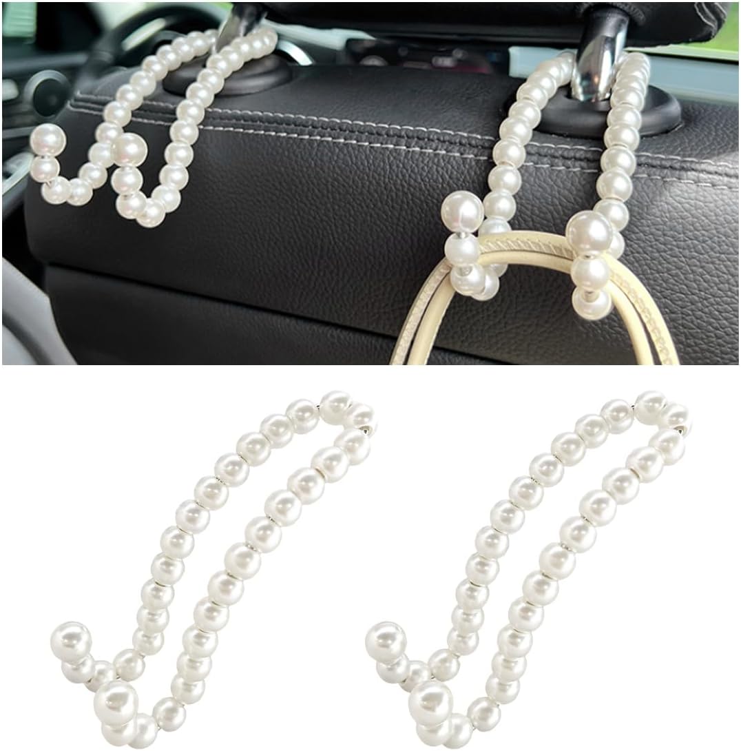 2PCS Elegant Pearl Car Seat Headrest Hook, Cute Back Seat Storage Hanger Dainty Purse Holder, Universal Headrest Pearl Hook Exquisite Auto Interior Decor for Women Girls