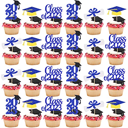 Graduation Cupcake Toppers 2023 Blue And Yellow Glitter, Class Of 2023 Cupcake Toppers 2023 Cupcake Toppers Graduation, Cupcake Picks Graduation 2023 For Graduation Party Decorations 2023 Blue - 30Pcs #TOP1