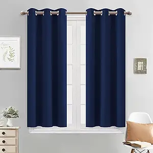 Yakamok Thermal Insulated Grommet Blackout Curtains for Bedroom, 45 Inch Length Light Blocking Blackout Drapes for Living Room, Navy Blue, 38W x 45L, 2 Panels
