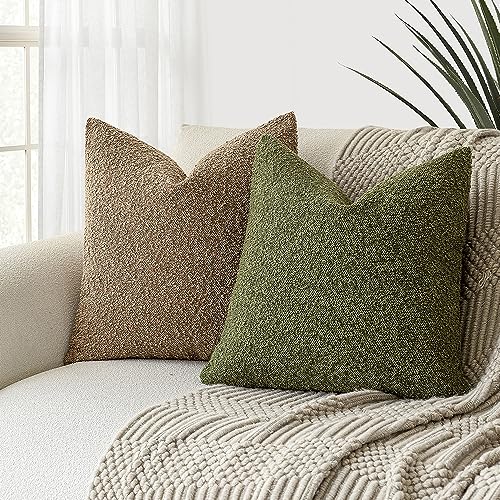 Image of Foindtower Set of 2, Decorative Textured Boucle Throw Pillow Covers Accent Solid Pillow Cases Neutral Soft Cozy Couch Cushion Case for Chair Sofa Bedroom Living Room Home Decor 16 x 16 Inch Green