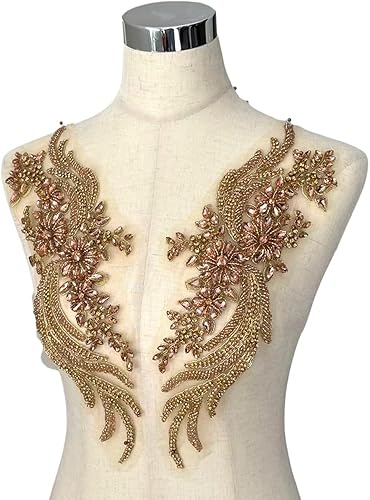 1 par de diamantes de imitación hechos a mano con apliques para ropa, 14.5 x 4.12 pulgadas, decoración de vestido de novia, apliques de flores