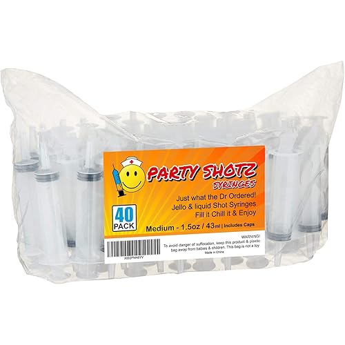Halloween Party Shotz Jello Shot Syringes (Medium 1.5oz with CAPS) Plastic Reusable Shots for Halloween, Christmas, Thanksgiving, Bachelorette Parties Favors (1.5oz, 40)