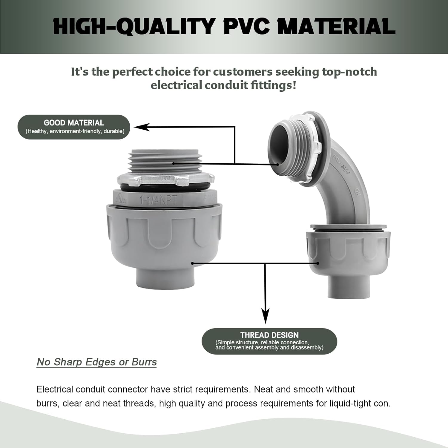 4 Pack 1-1/4 Inch Liquid Tight Connectors - PVC Electrical Conduit Fittings, Straight, 90 and 180 Degree Non-Metallic Flexible Connectors for Home, Bathroom, and Kitchen, Gray