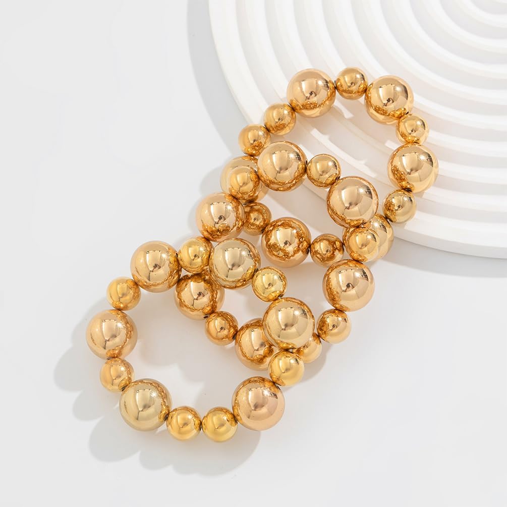 3Pcs Chunky Gold Large Beaded Bracelets Set Stackable for Women Trendy, Exaggerated Silver Big Round Ball Beads Bracelet Stretch Elastic Chain Jewelry Gift - Image 4