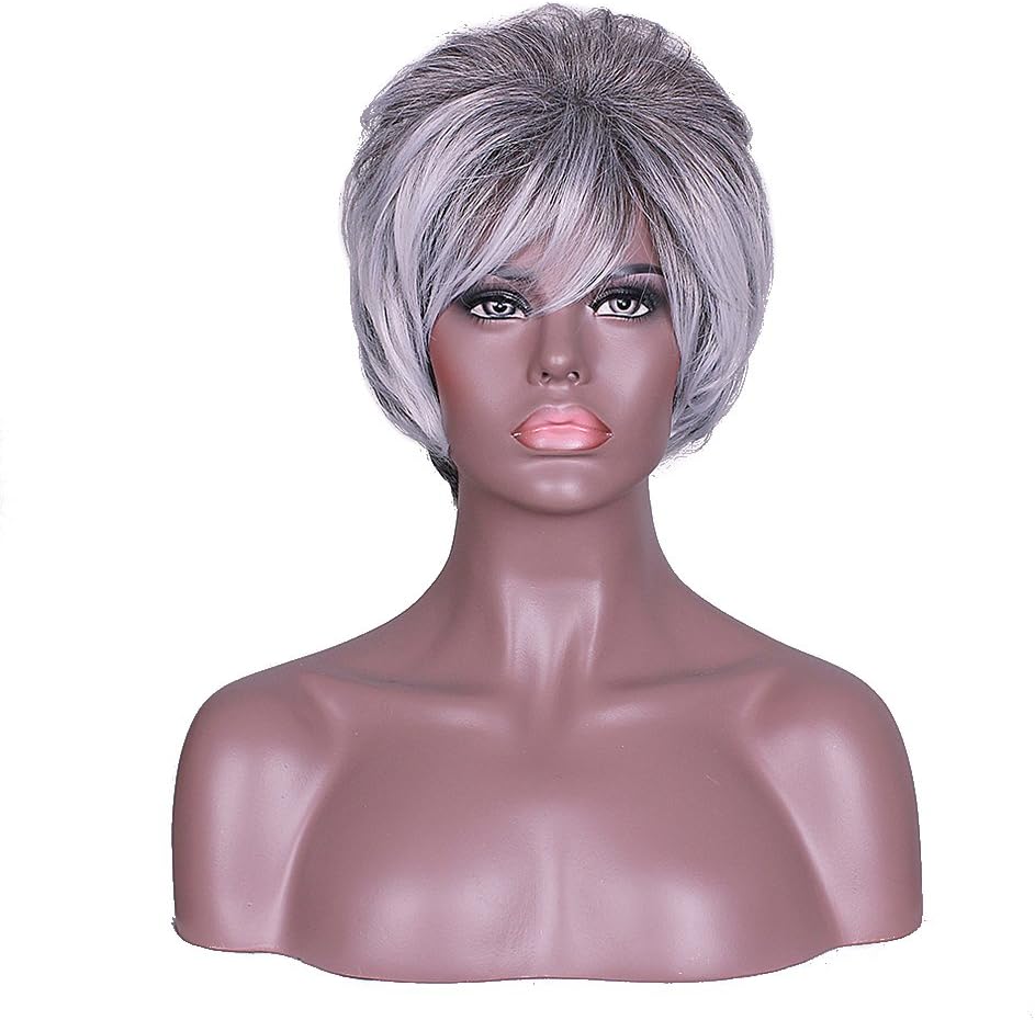 Kadaisi Women Short Messy Curly Synthetic Hair High Temperatuer Natural As Real Hair Wigs for Daily Use (Gray White Ombre) (D1)