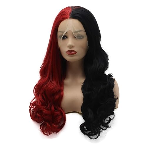 Miniatura 3 de Pelucas sintéticas con encaje frontal de 24 pulgadas y media mezcla de color negro y rojo de alta densidad
