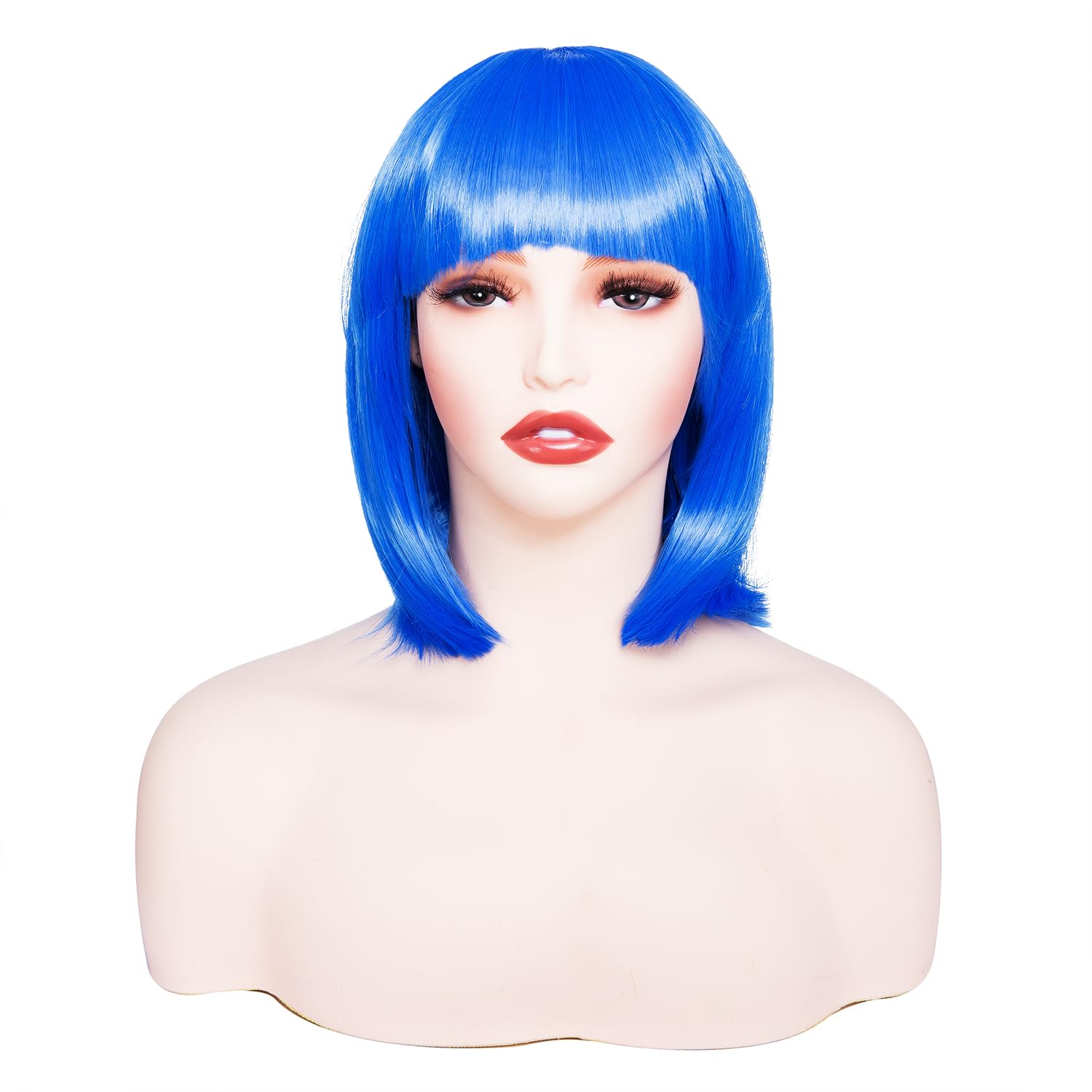 Rose bud Blue Bob Wig with Fringe 12 Inch Short Straight Costume Wigs for Women Cosplay Party Halloween