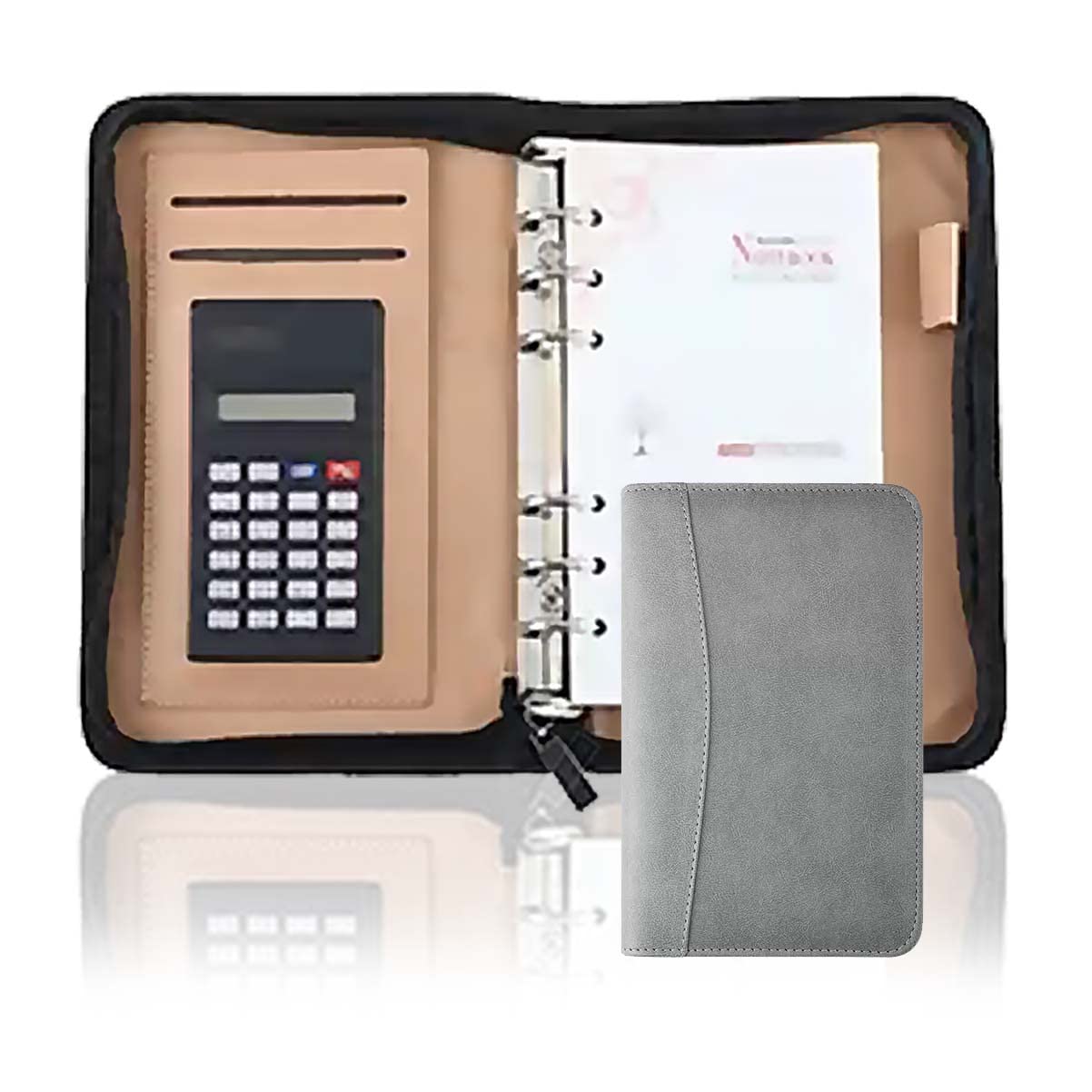 Padfolio Organizer Binder, portfolio, Portafoglio for conferenze in pelle PU A5/B5/A6 Pieghevole Portafoglio aziendale Portadocumenti con cerniera con calcolatrice 6 Raccoglitore ad anelli Appunti for