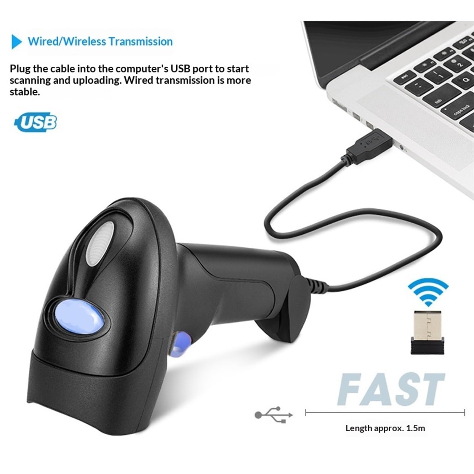 Przewodowy Ręczny Skaner Kreskowy 2D USB Czytnik Kodów Kreskowych(Wireless)