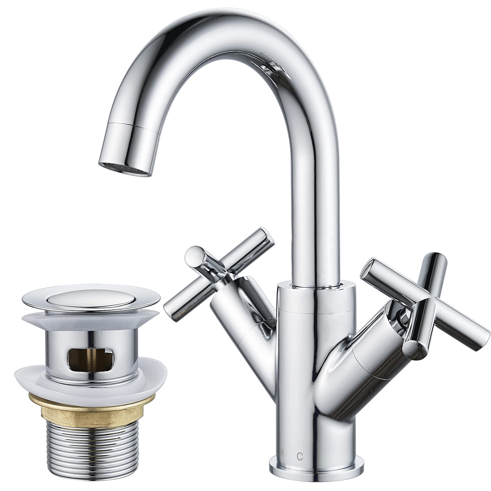 NewEast Basin Mixer Tap, Dual Cross Handle Swivel Spout Bathroom Sink Taps with Pop Up Waste, Modern Chrome Basin Tap