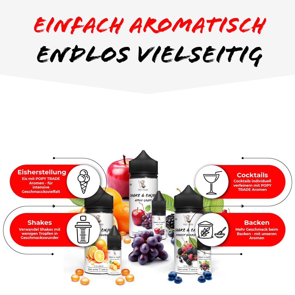 POPY TRADE - Shake & Enjoy Zestaw 3 bestsellerów nr 5 - Wysoko skoncentrowany aromat 3 x 10ml w butelce z dozownikiem, do żywności, napojów, rozpylaczy, wytwornic mgły