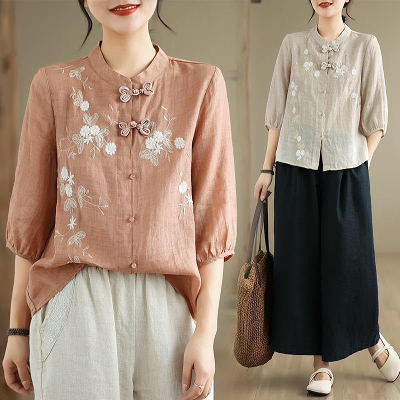 Women's Collar Frog Button Top Retro Heavy Embroidered Blouse Summer 3/4 Sleeve Cotton Linen Top