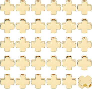 BENECREAT 60Pcs Real 18K Gold Plated Spacer Bead, Brass Crucifix Cross Beads Metal Loose Spacer Beads Jewelry Findings for Earring Bracelet Necklace Jewelry Making