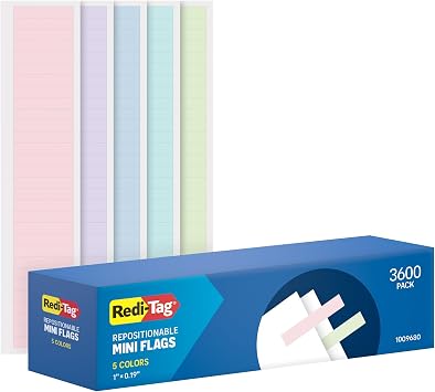 Redi-Tag Small Pastel Flags, Adhesive Flags for Journals and Calendars, School and Office Supplies, 0.19" x 1", 5 Assorted Pastel Colors, 3600 per Pack 1009681