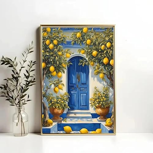 LZJAGXX Stampa su tela con porta blu limone, paesaggio costiero, poster, viaggio, finestre, dipinto su tela, decorazione da parete per cucina (40x60 cm/senza cornice)