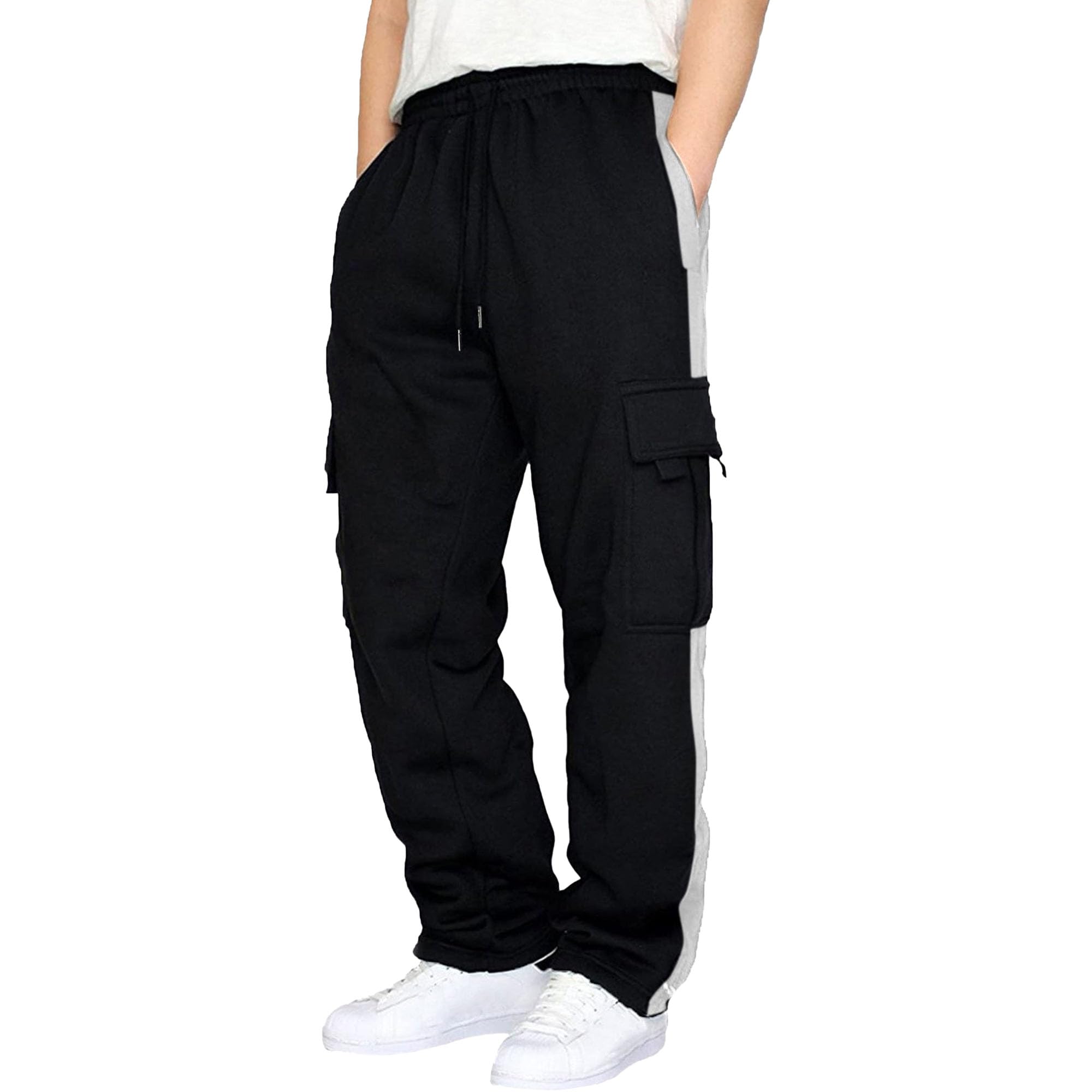 Men's Fleece Cargo Sweatpants Heavyweight Elastic Waist Pants with Pockets Baggy Drawstring Jogger Pants (Black5,X-Large)