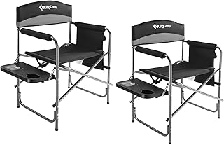 KingCamp 2 Pack Heavy Duty Camping Chair Folding Director Chair Supports 400lbs Oversize Padded Seat Lawn Folding Chair with Side Table and Side Pockets (Black/MediumGrey)