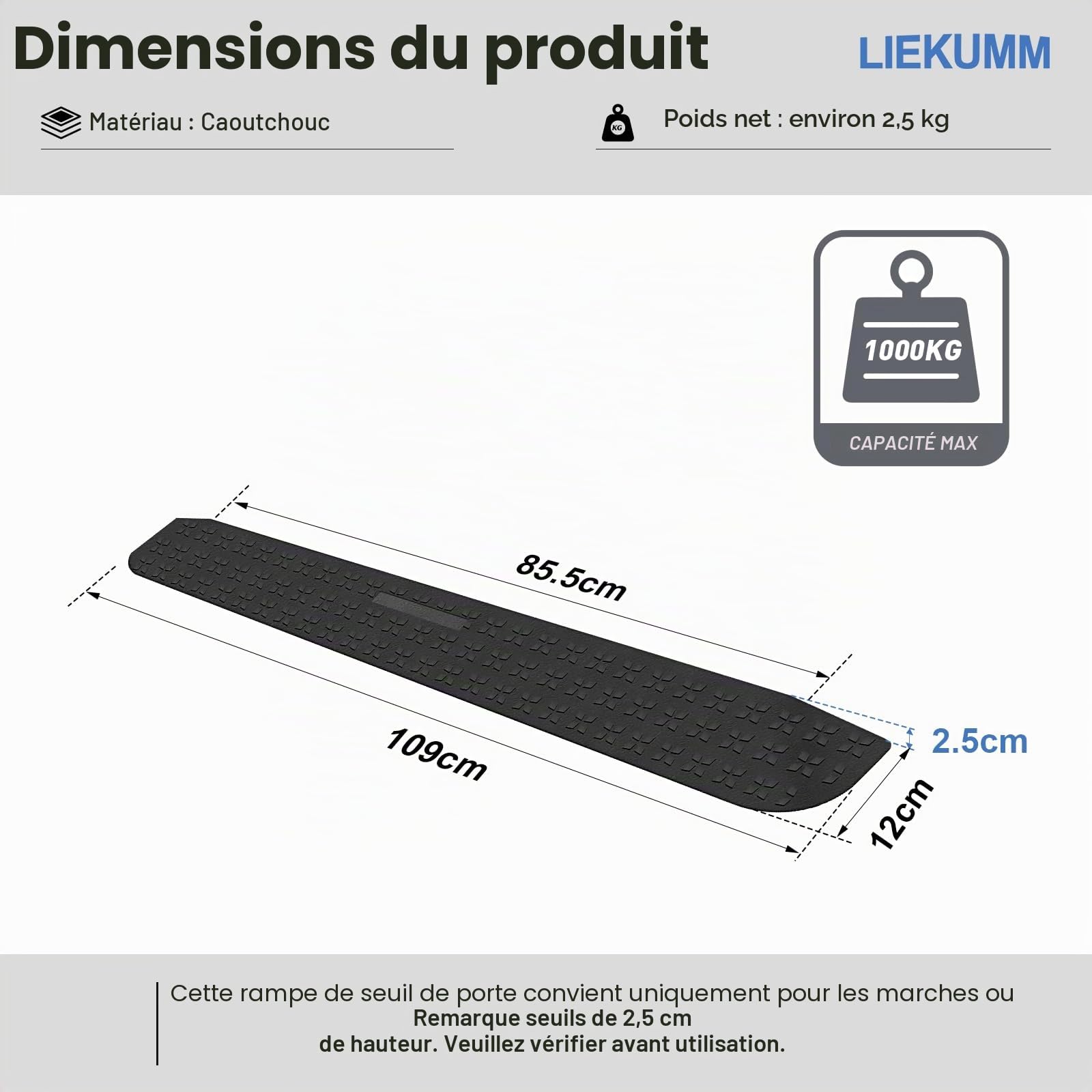 LIEKUMM Rampe de seuil de porte en caoutchouc antidérapante - 2,5 cm - Motif étoile polaire - 1000 kg