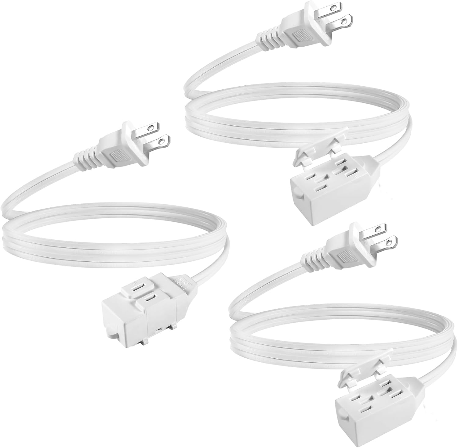 3 Feet Extension Cord with Multiple Outlets , UL Listed SPT-2 16 AWG 2 Prong Extension Cord Power Strip with Safety Caps Cover for Christmas Decor and Lights, NEMA 1-15P to NEMA 1-15R, White, 3 Pack