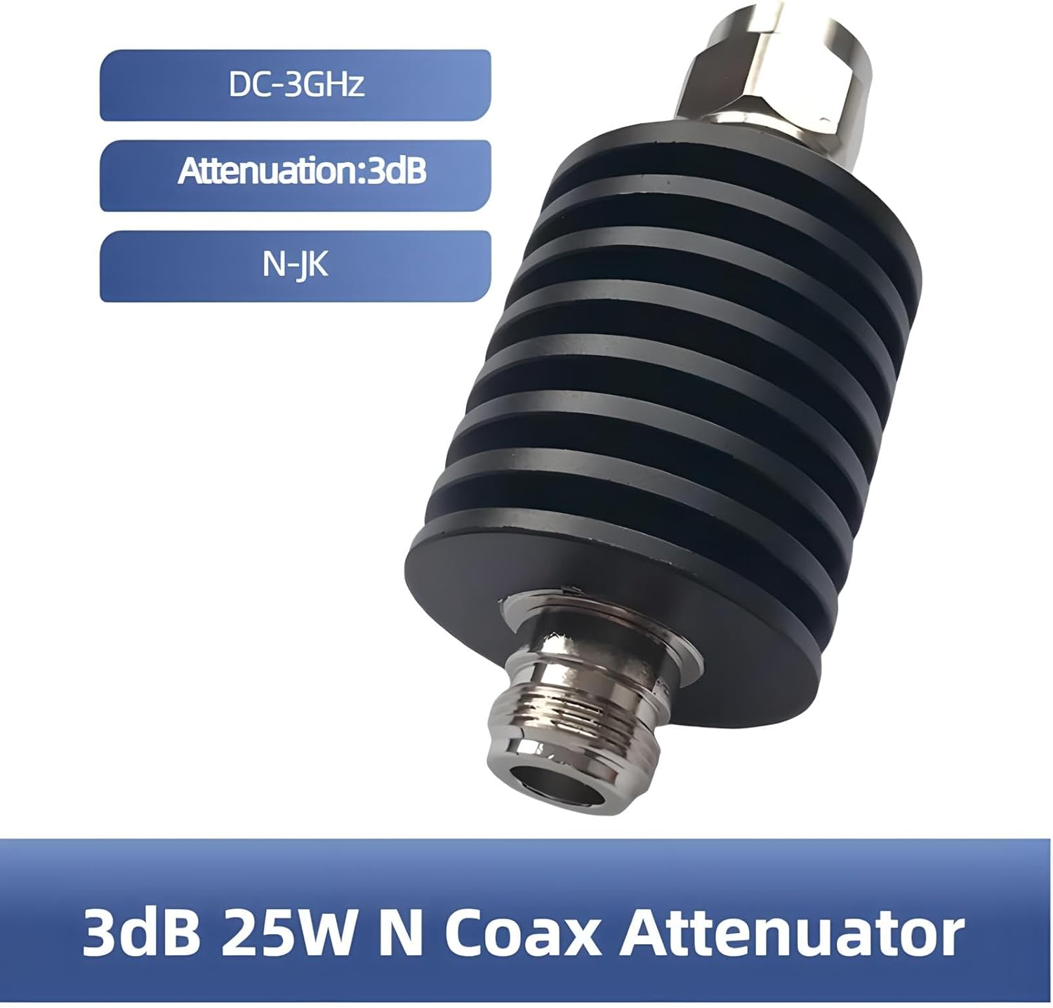 BECEN Bi-Directional 25W N Attenuator 3dB,25 Watt 50 Ohm Coax Attenuator with N Type Connector,DC to 3Ghz Fixed Attenuator for Antennas & Test Equipment (3DB)