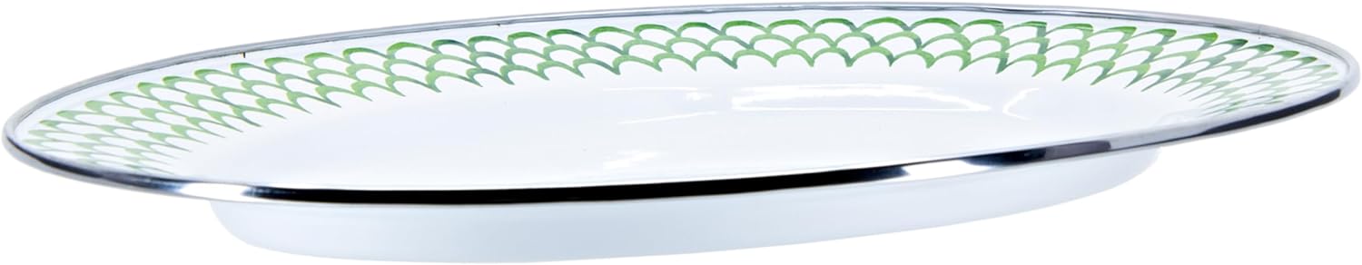 Golden Rabbit Enamelware Oval Platter, 12 x 16in, Green Scallop