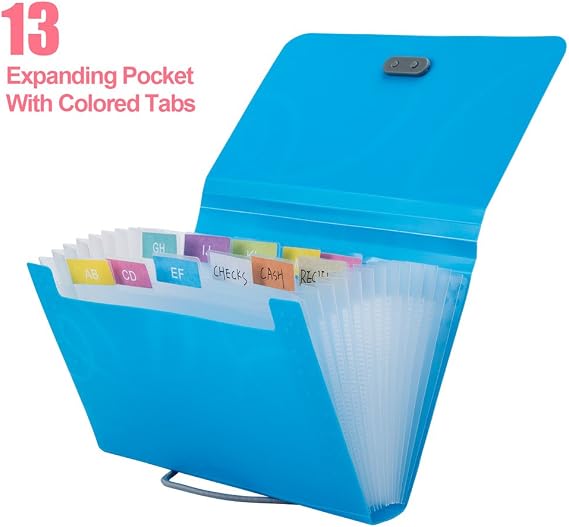 Expanding File Folder 4 Pack A6 Size 13 Pockets Portable Receipt Organiser | Vidillo Plastic File Expandable Accordian with Colored Labels Index for Receipts, Bills, Checks, Vouchers