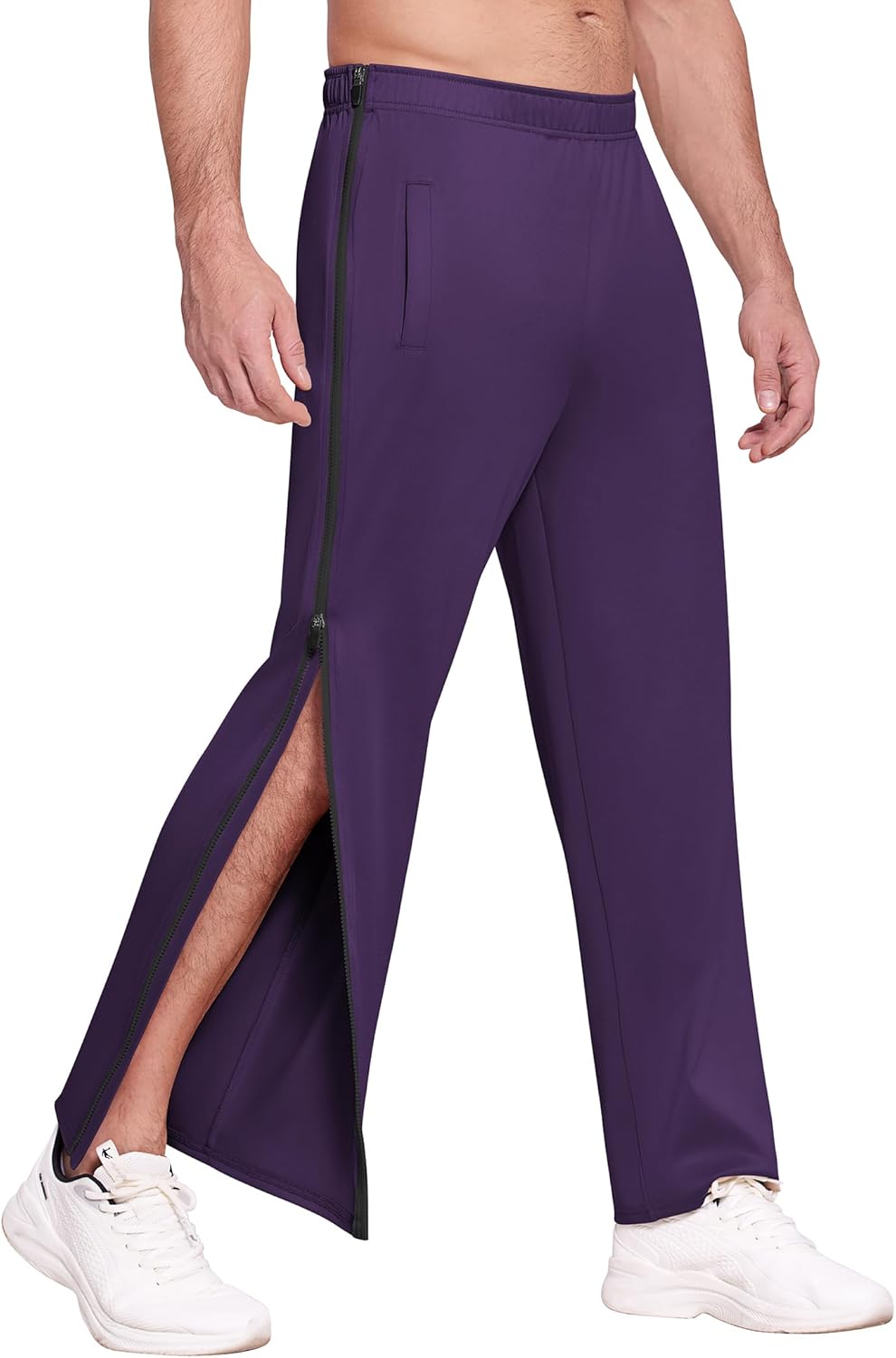 Deyeek Mens Tear Away Basketball Pants 2 Side Zippers Snap Off Full Open Down Sweatpants Leg Post Surgery Pant with Pockets