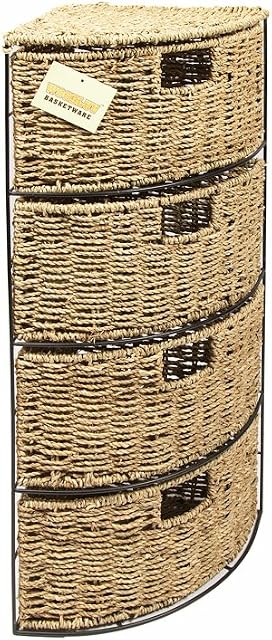 woodluv 4 Drawer Seagrass Storage Bathroom Bedroom Tidy Basket Unit - 65(H) x25(D) cm